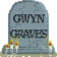 pixelart of a gravestone that reads GWYN GRAVES. It is curved at the top and has a rectangular base/lip that has candles lit and dripping down it.