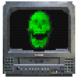 pixelart of a Toshiba silver MV13M3 CRT tv. it has a green skull with it's mouth open.