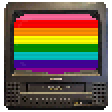 pixelart of a Toshiba MV13M3 CRT tv. it has the Gilbert LGBTQIA+ pride flag on the screen.