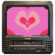 pixelart of a Toshiba MV13M3 CRT tv. it has an animated tri-coloured pink heart cycling through all 3 colours.