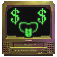 pixelart of a Toshiba golden/red MV13M3 CRT tv. it has a green face, with dollar signs for eyes and is grinning with it's tongue out.