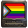 pixelart of a Toshiba MV13M3 CRT tv. it has the Progress LGBTQIA+ pride flag on the screen.
