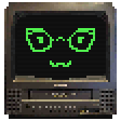 pixelart of a Toshiba MV13M3 CRT tv. it has a green, animated, glasses clad face winking.
